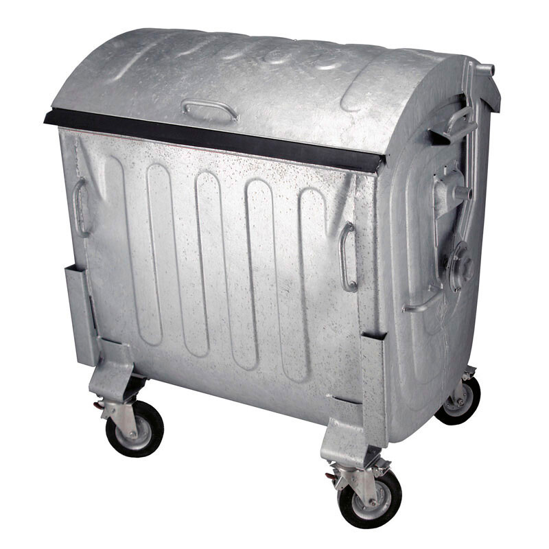 Galvanized steel container with round lid and 4 wheels.