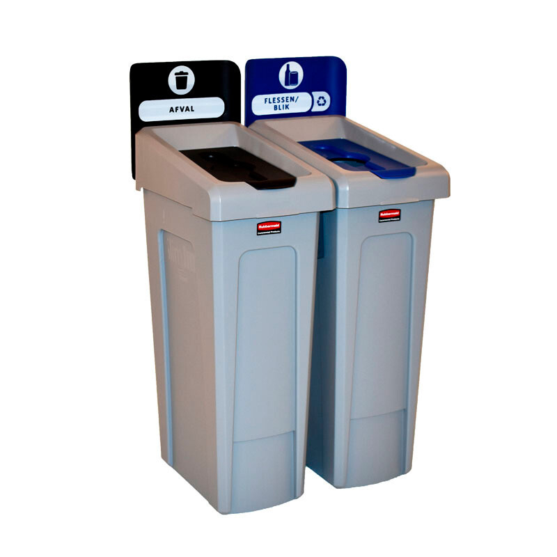 SLIM JIM RECYCLINGSTATION 2-STREAM NL LID CLOSED (BLACK)/BOTTLES (BLUE), RUBBERMAID