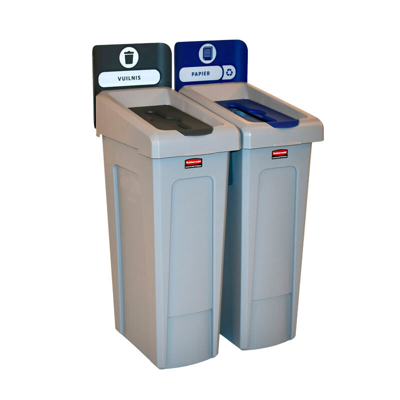 SLIM JIM RECYCLINGSTATION 2-STREAM NL LID CLOSED (GREY)/PAPER (BLUE), RUBBERMAID