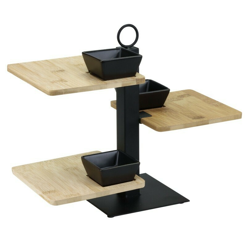Serving tray 3 layers with bamboo shelves and 3 black ceramic cups