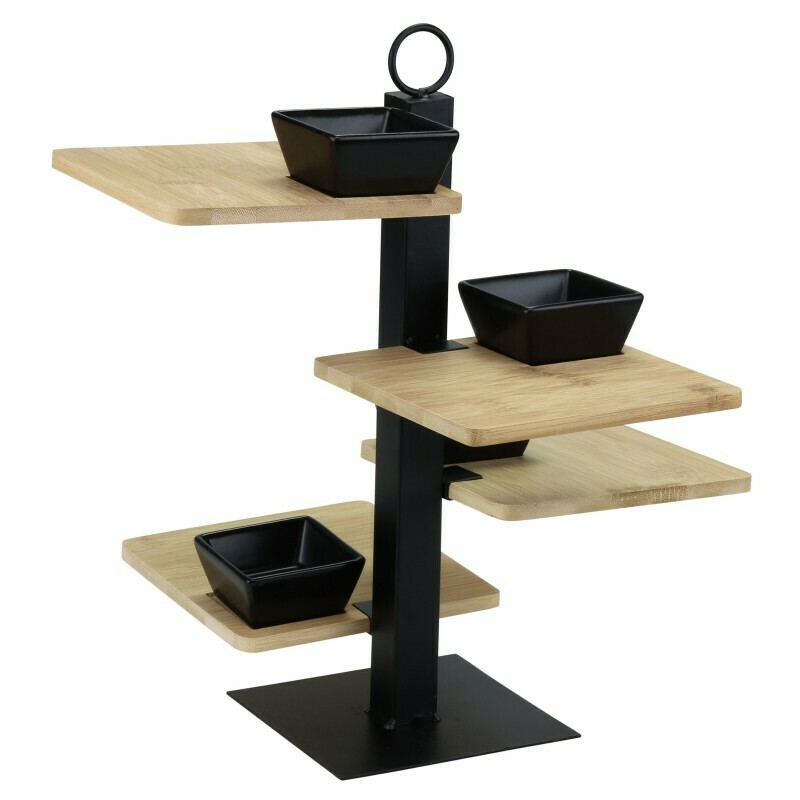 Serving tray 4 layers with bamboo shelves and black ceramic trays