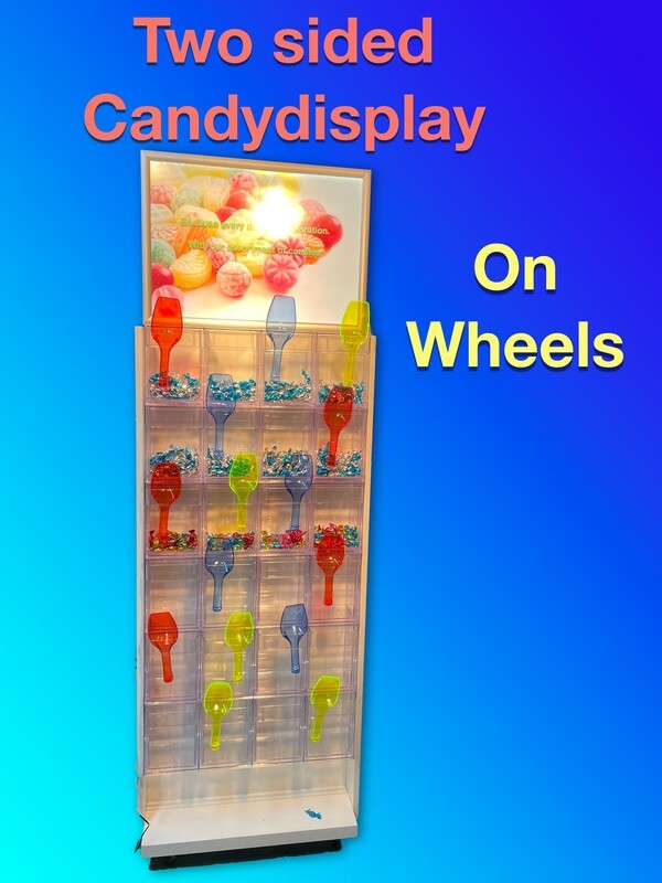 Candy Display on wheels, two sided. LED Frame.