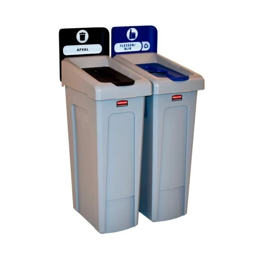 SLIM JIM RECYCLINGSTATION 2-STROOM NL DEKSEL GESLOTEN (ZWART)/FLESSEN (BLAUW), RUBBERMAID