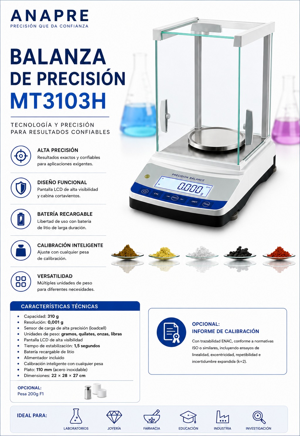Balanza de Precisión MT3103H 310 g x 0,001 g (1 mg)