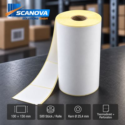 Thermoetiketten 100 x 150 mm auf Rolle – 500 Etiketten, perforiert, Kern 25,4 mm