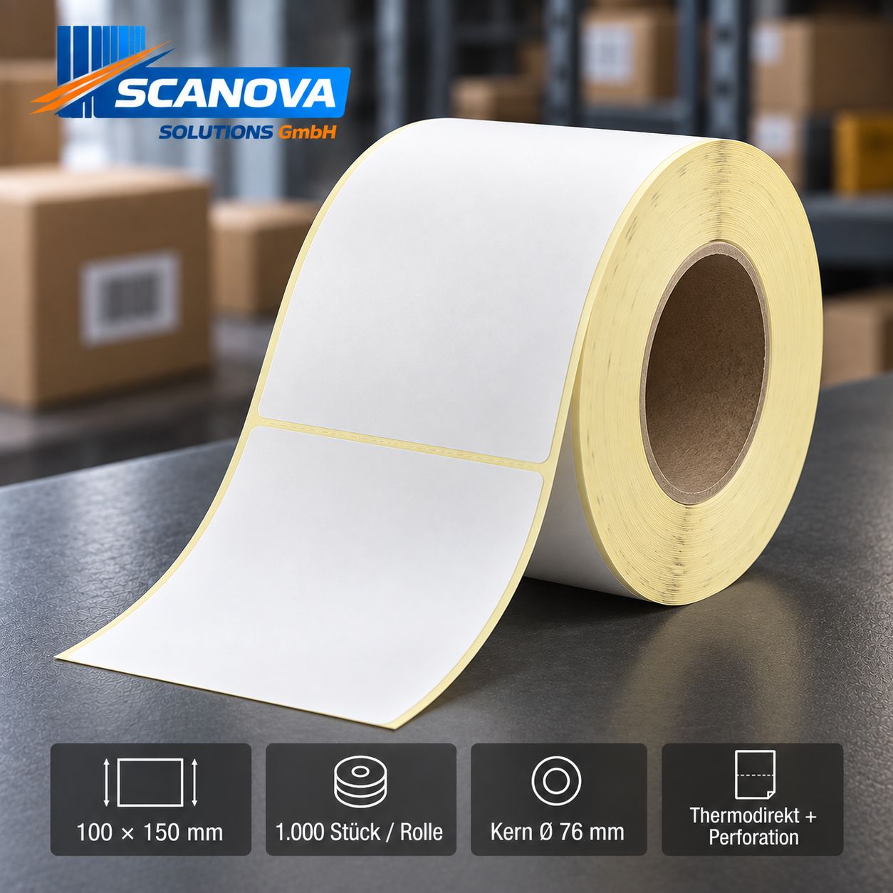 Thermoetiketten 100 x 150 mm auf Rolle – 1.000 Etiketten, perforiert, Kern 76 mm