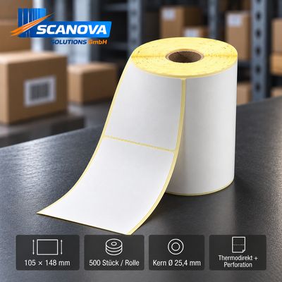 Thermoetiketten 105 x 148 mm auf Rolle – 500 Etiketten, perforiert, Kern 25,4 mm
