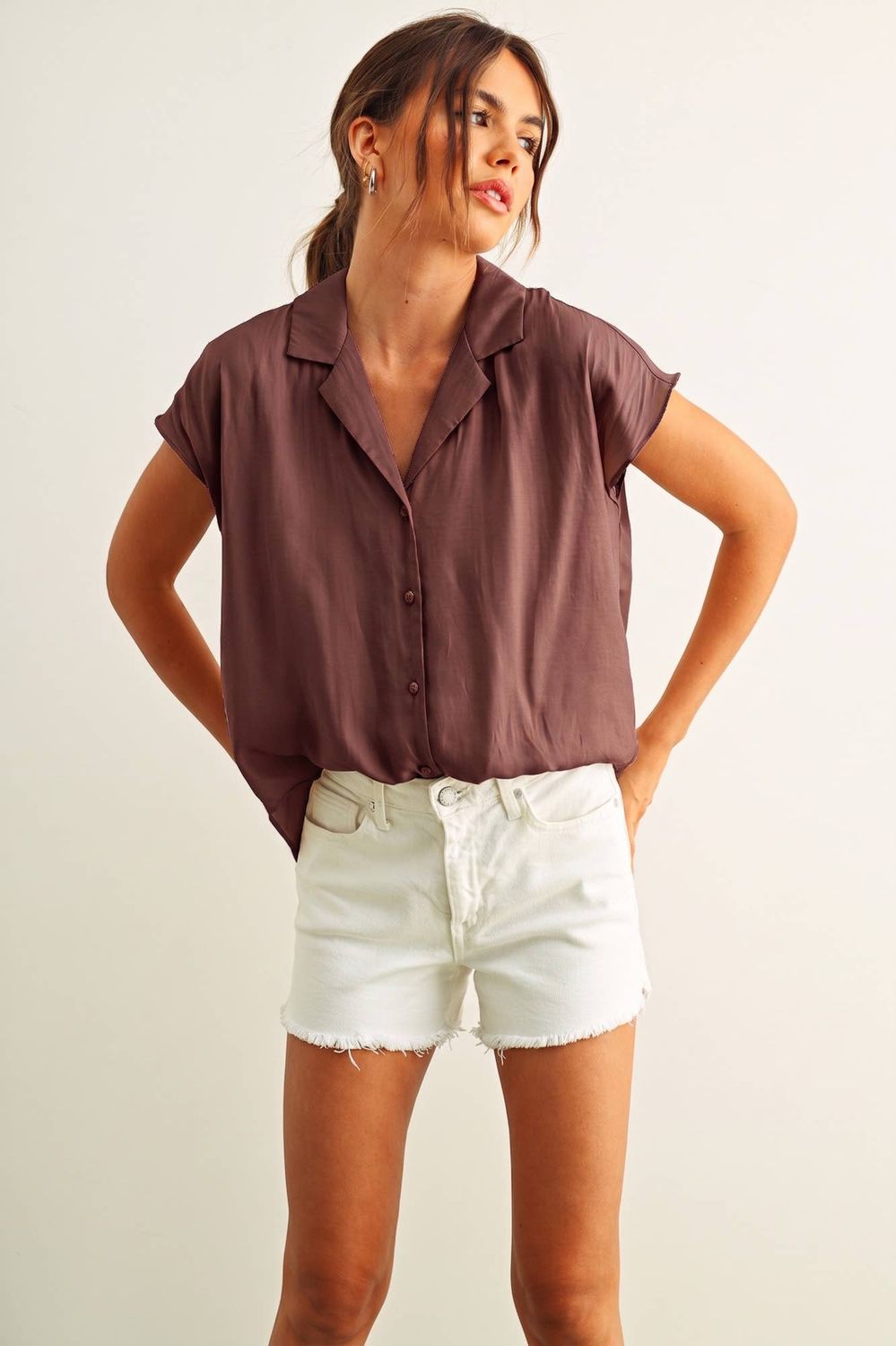 Alana Button Down Cap Sleeve Top, Color: NEW RED BEAN, Size: S