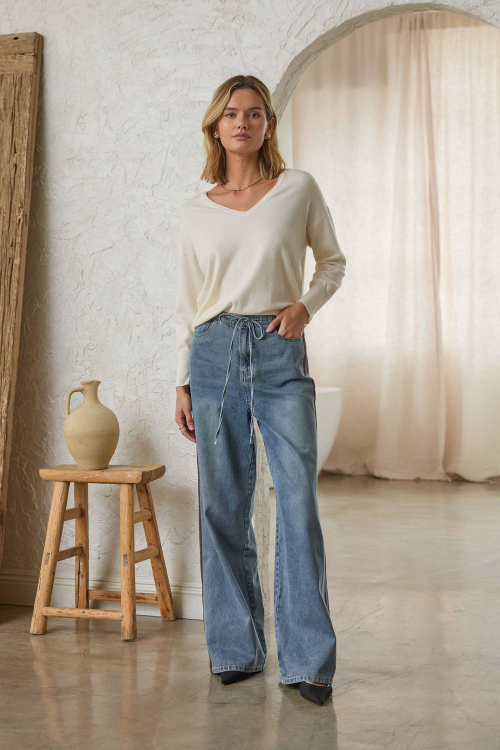 Dutton Denim w Faux Suede Side Line Detail, Color: Denim, Size: XS