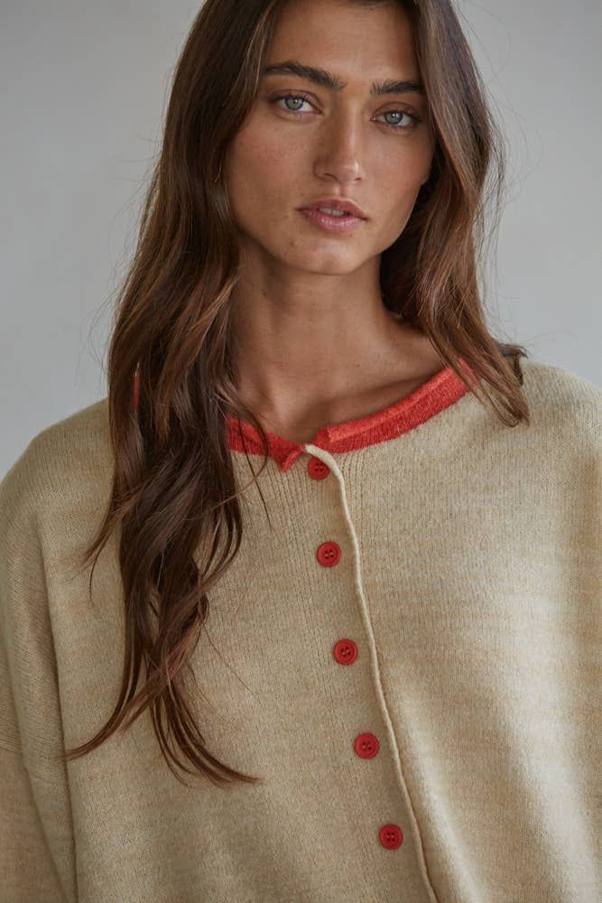 Sammi Crew Neck Cardigan, Color: Light Taupe, Size: M