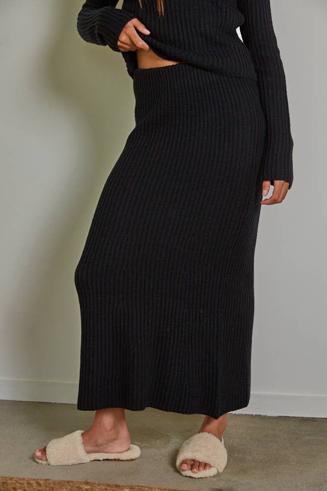 Dani Ribbed Knit Sweater Flare Midi Skirt, Color: Black, Size: L