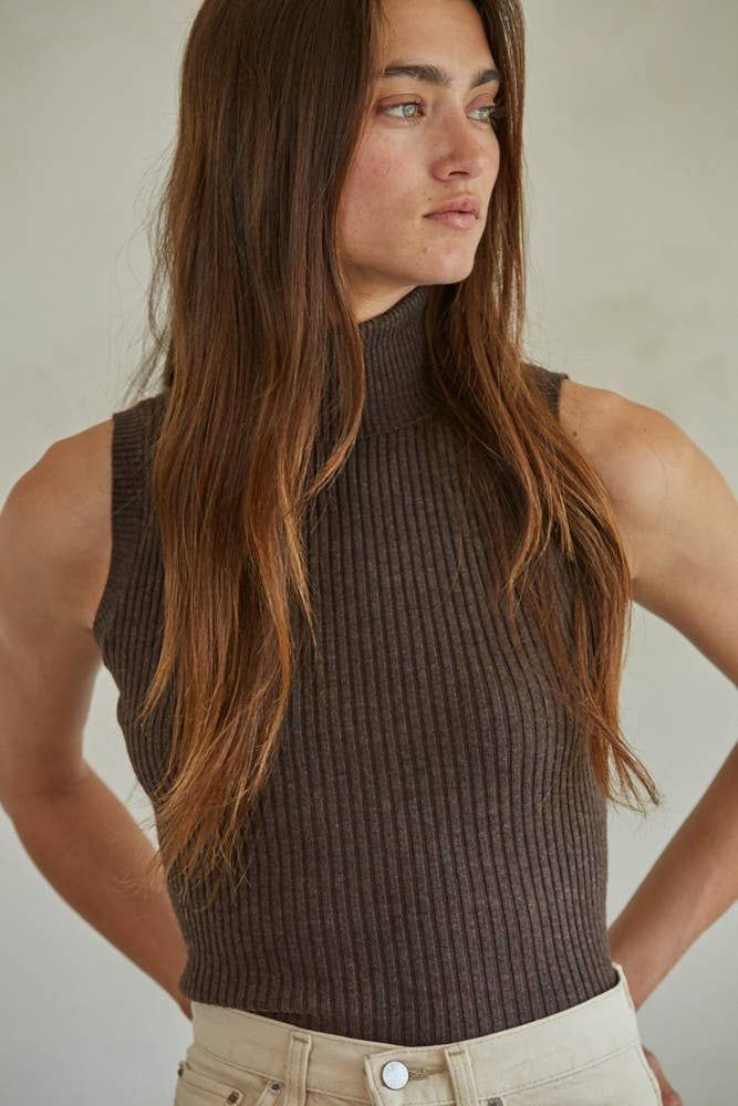 Carla Turtleneck Sleeveless Pullover Top, Color: Dark Chocolate, Size: M