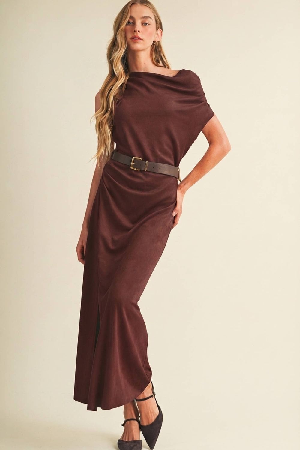 Sueded Knit Asymmetric Cowl Dress, Color: VINTAGE WINE, Size: M