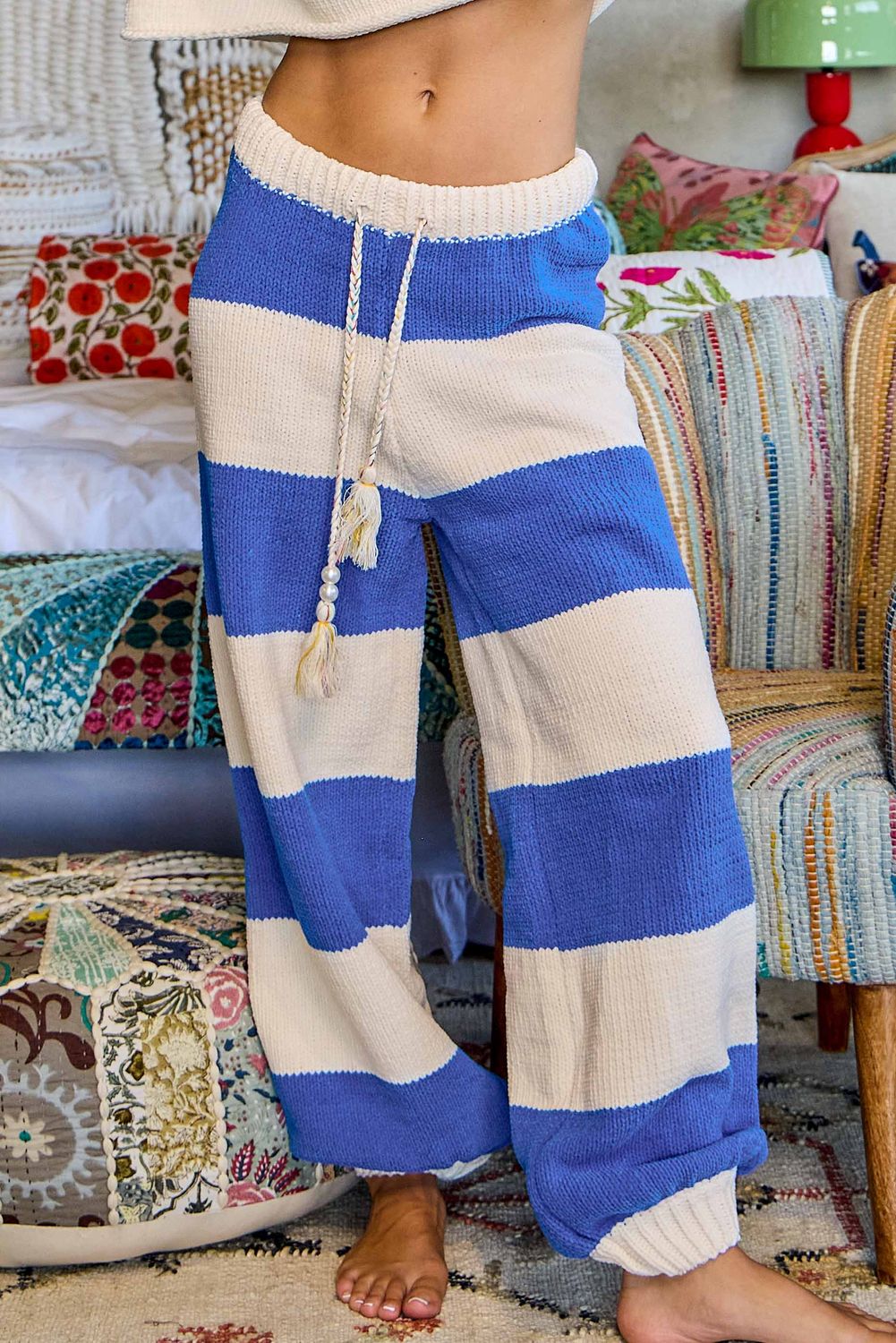 Callie Cozy Chenille Knit Pants, Color: BLUE/CREAM, Size: S