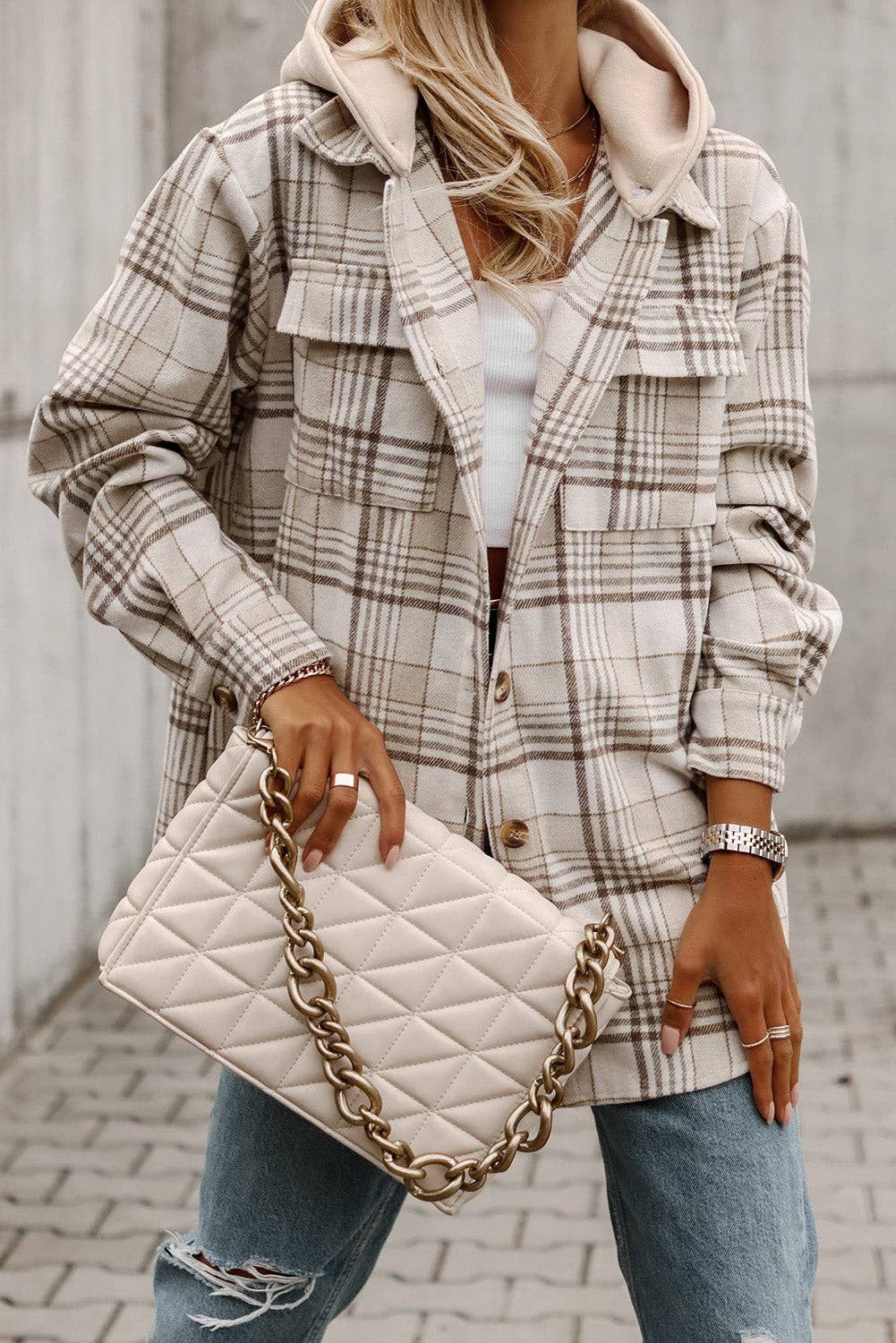 Dean Plaid Shacket w Removable Hood, Color: Khaki, Size: M