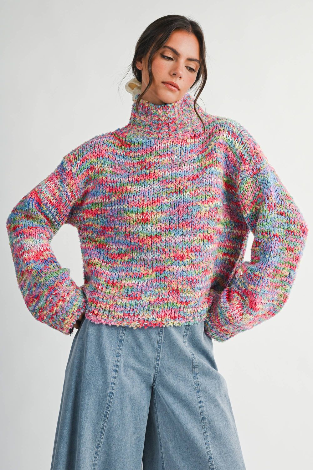 Chunky Marled Turtleneck Sweater, Color: Pink, Size: S