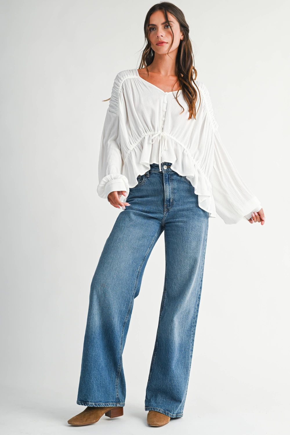 Molly Textured Button Front Peplum Blouse, Color: White, Size: M