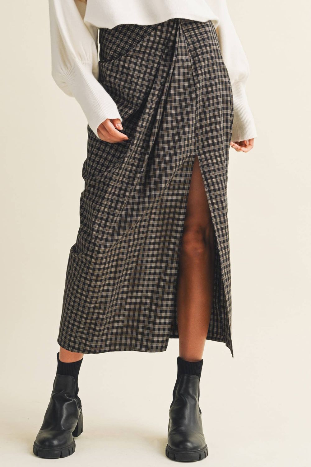 Olvia Asymmetric Drape High-Slit Midi Skirt, Color: BLACK MULTI, Size: L