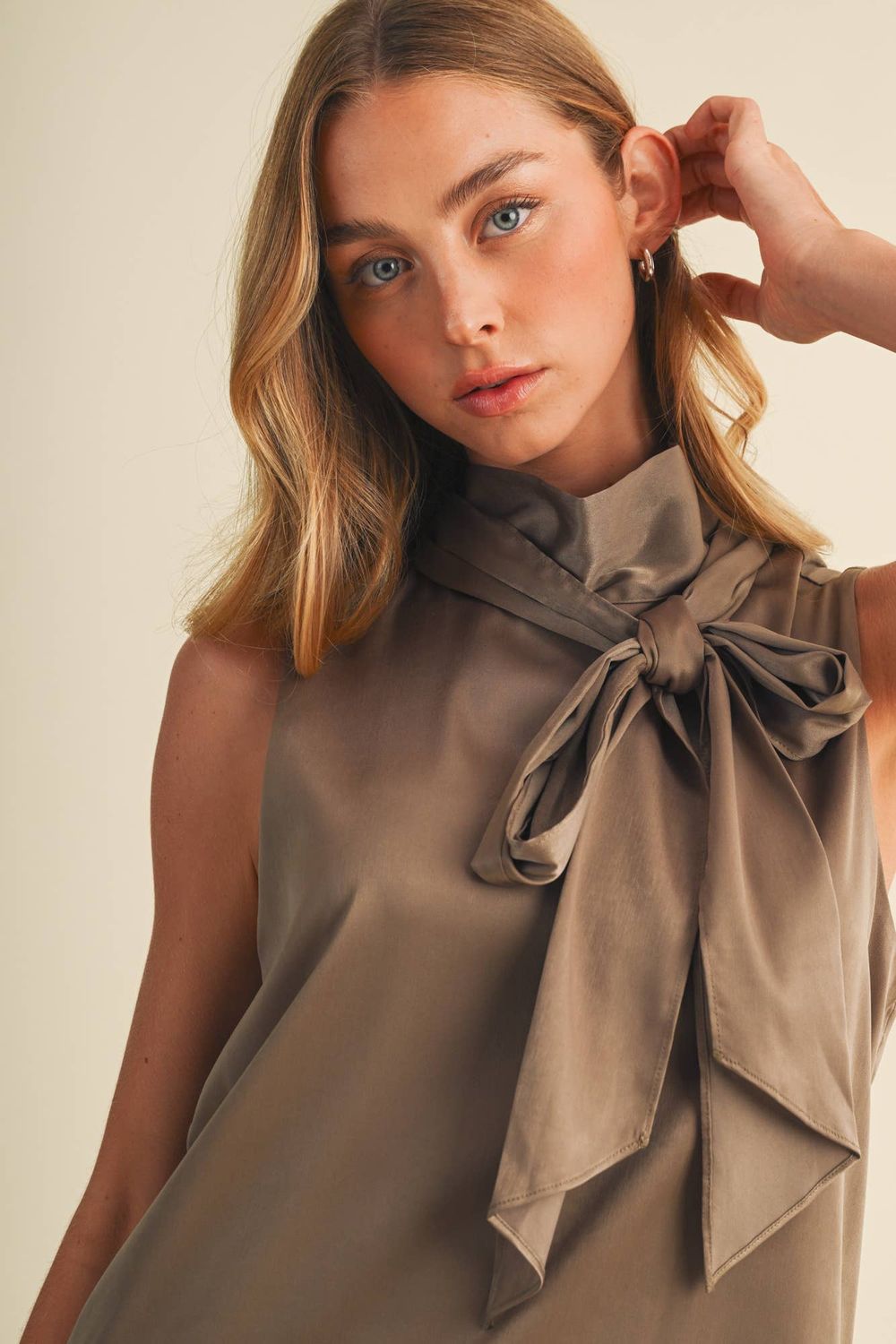 S - Maddie Mock Neck Bow Sleeveless Blouse