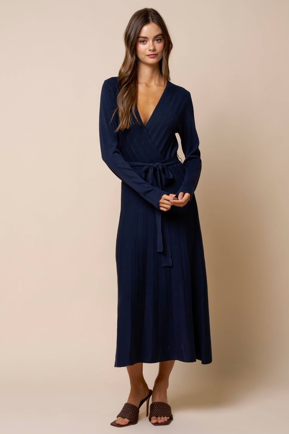 Anna Knit Long Sleeve Front Tie Wrap Maxi Dress, Color: NAVY, Size: S