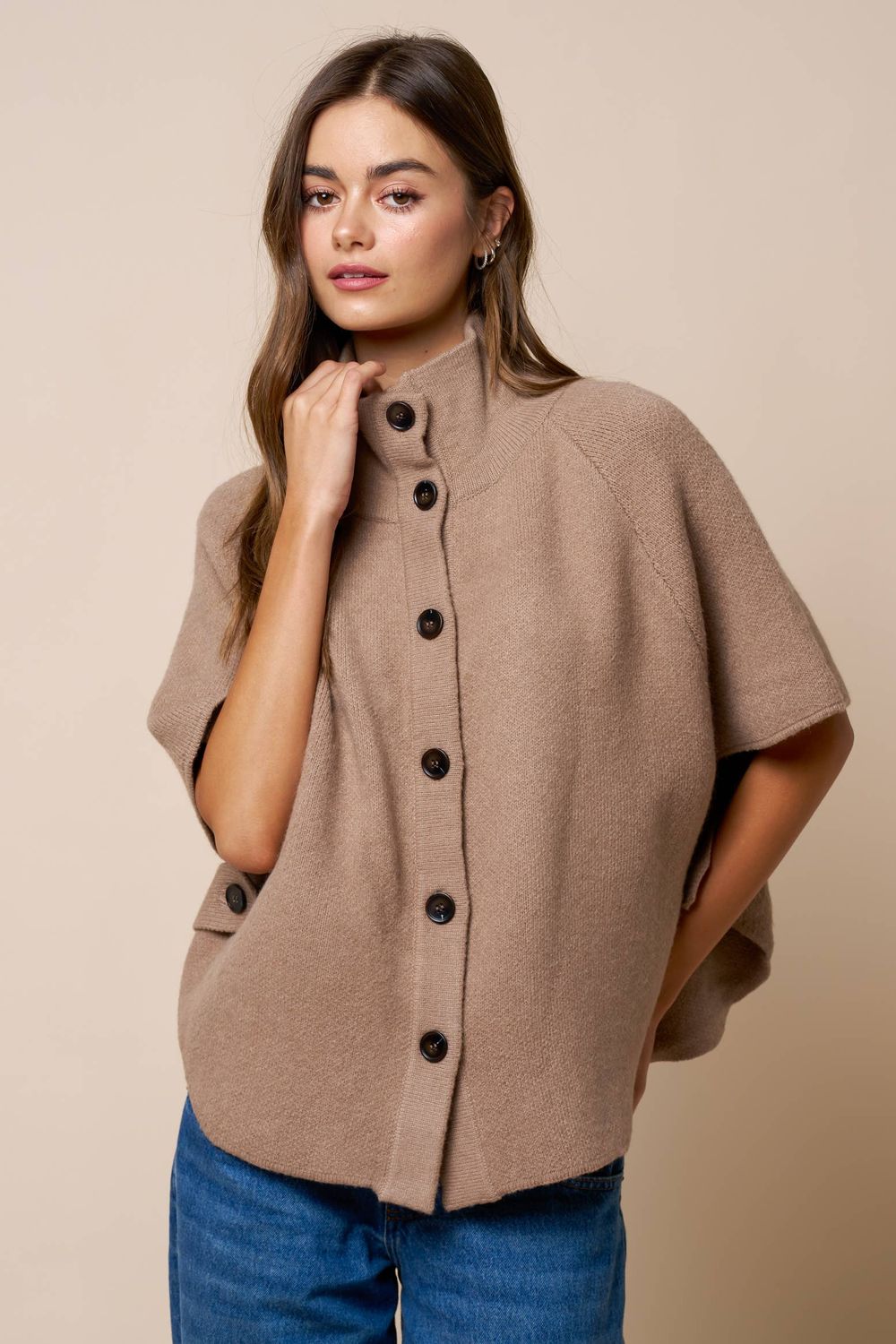 Mock Neck Button Down Knit Poncho, Color: TAUPE, Size: L