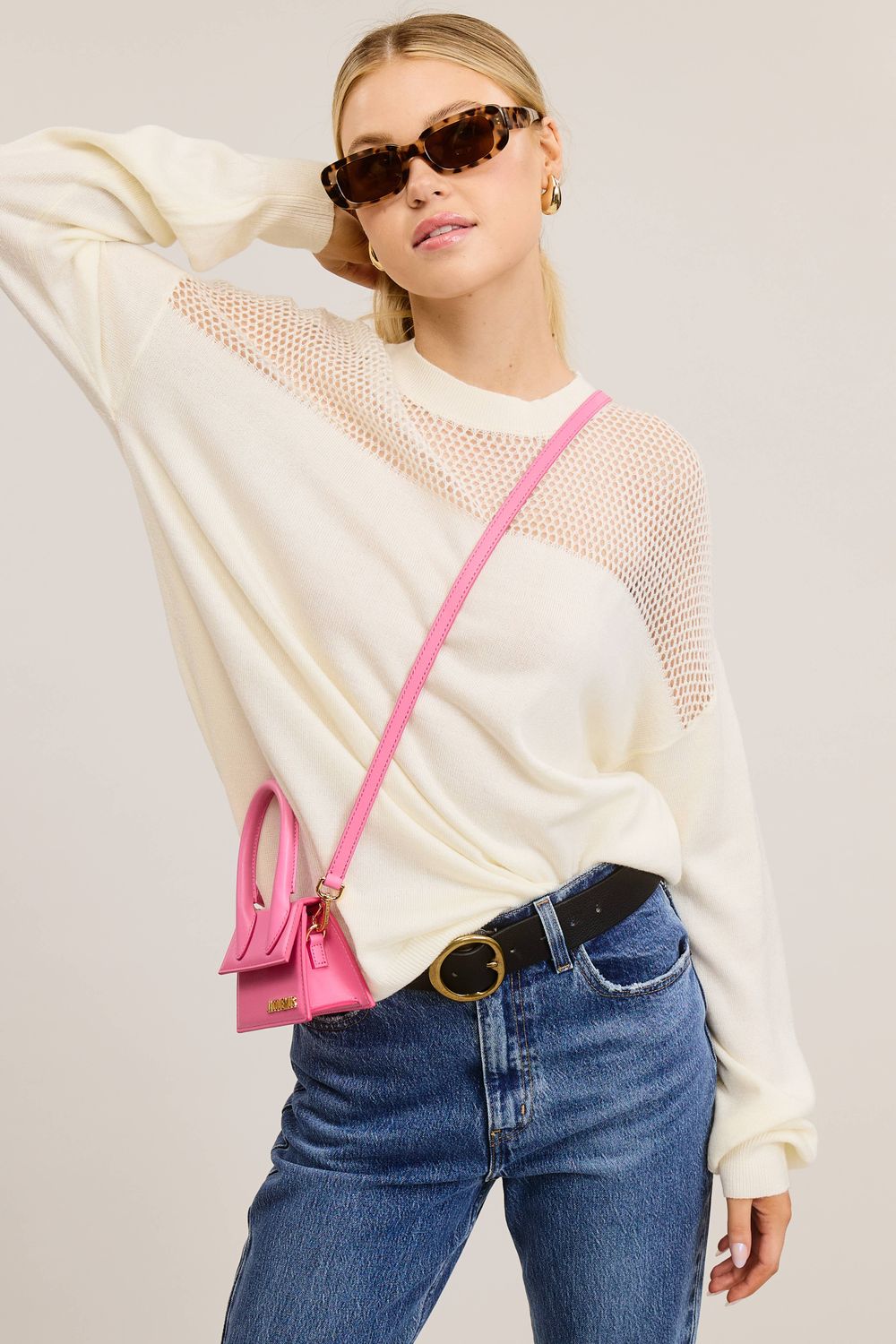 Crochet Mesh Long Sleeve Sweater, Color: Snow, Size: M