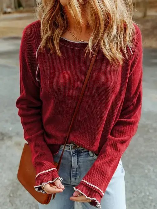 Carlie Waffle Knit Pullover, Color: Fiery Red, Size: XL