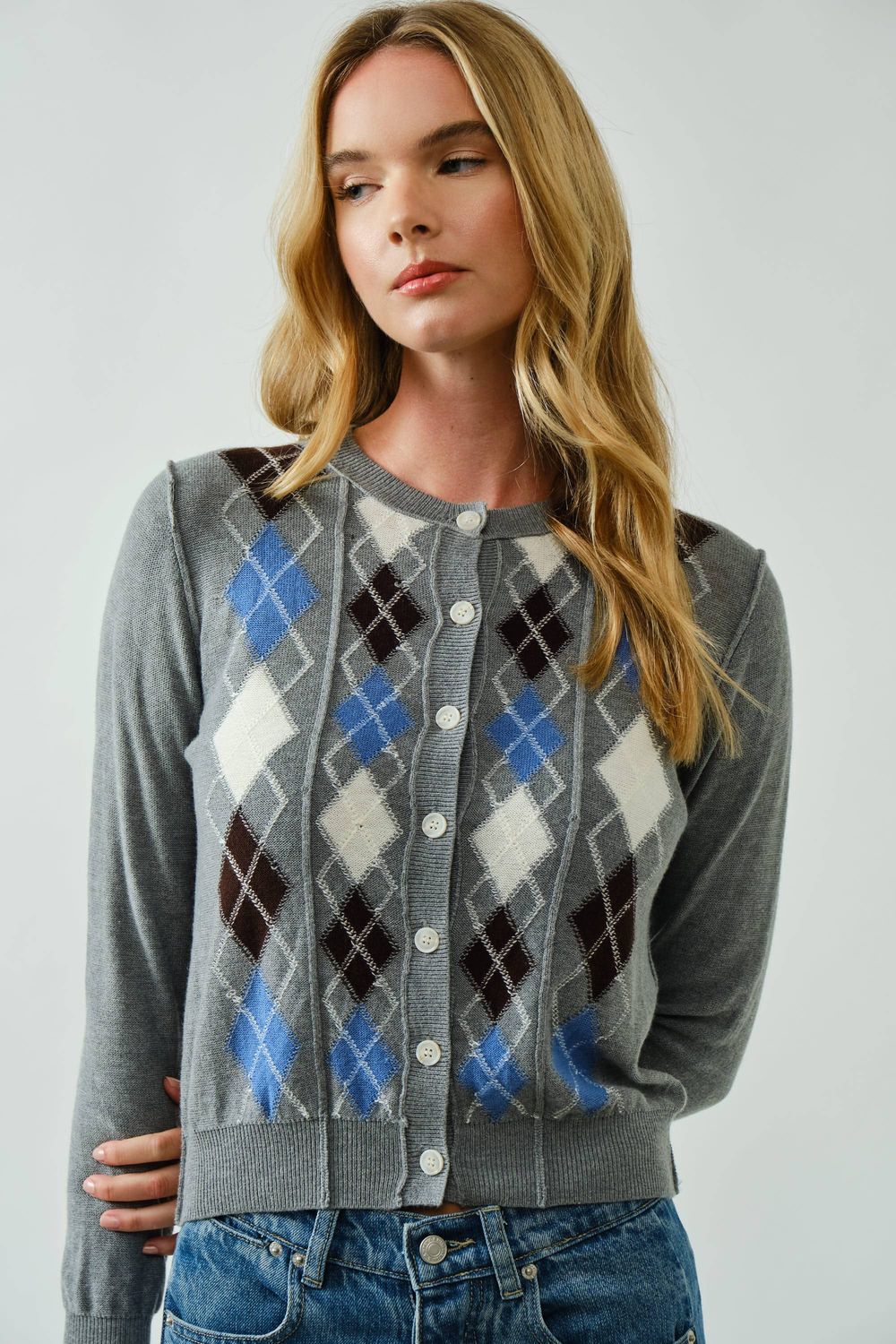 Lucy Relaxed Fit Argyle Cardigan, Color: GREY, Size: L