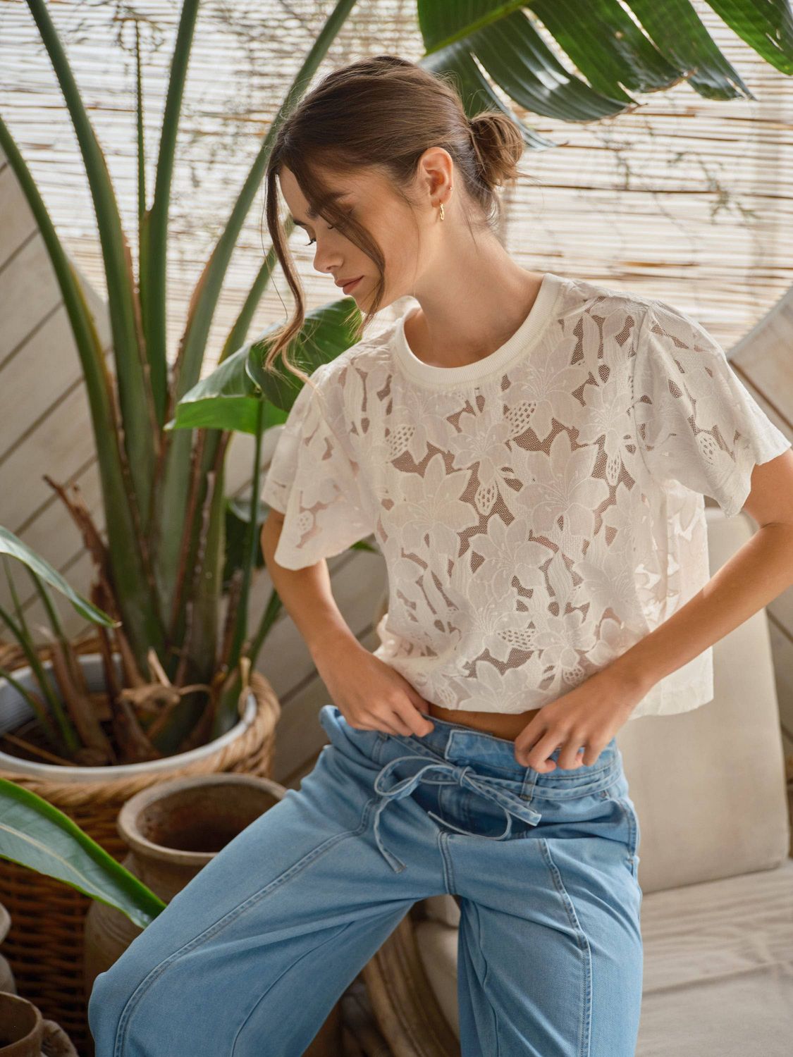 Lucy Lace Floral Tee, Color: OFF WHITE, Size: S