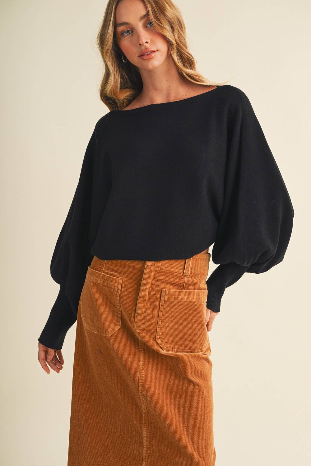 Bateau Neck Dolman Sleeve Pullover, Color: Black, Size: S