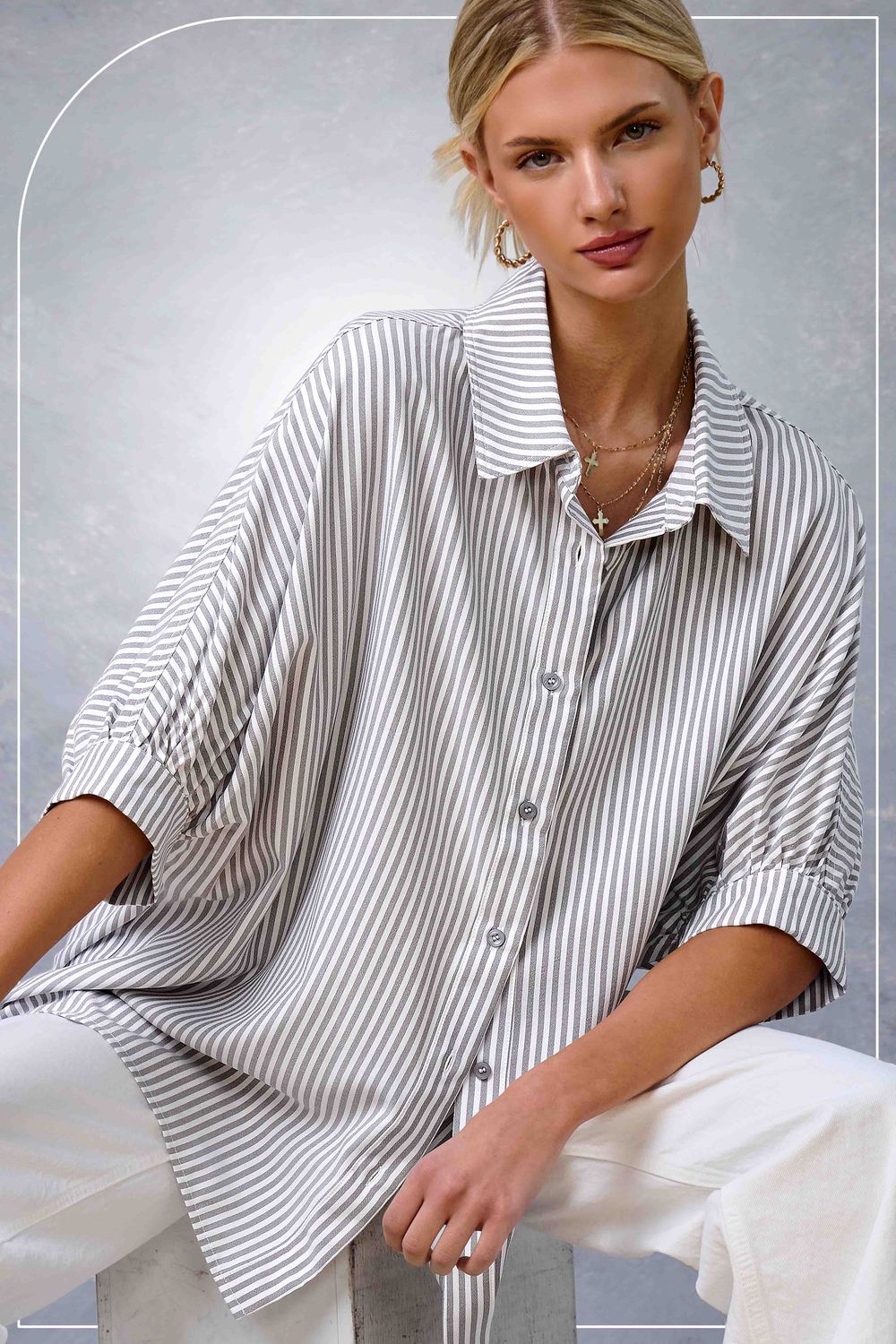 Savanna Striped 3/4 Sleeve Button Down Shirt, Color: Silver, Size: M