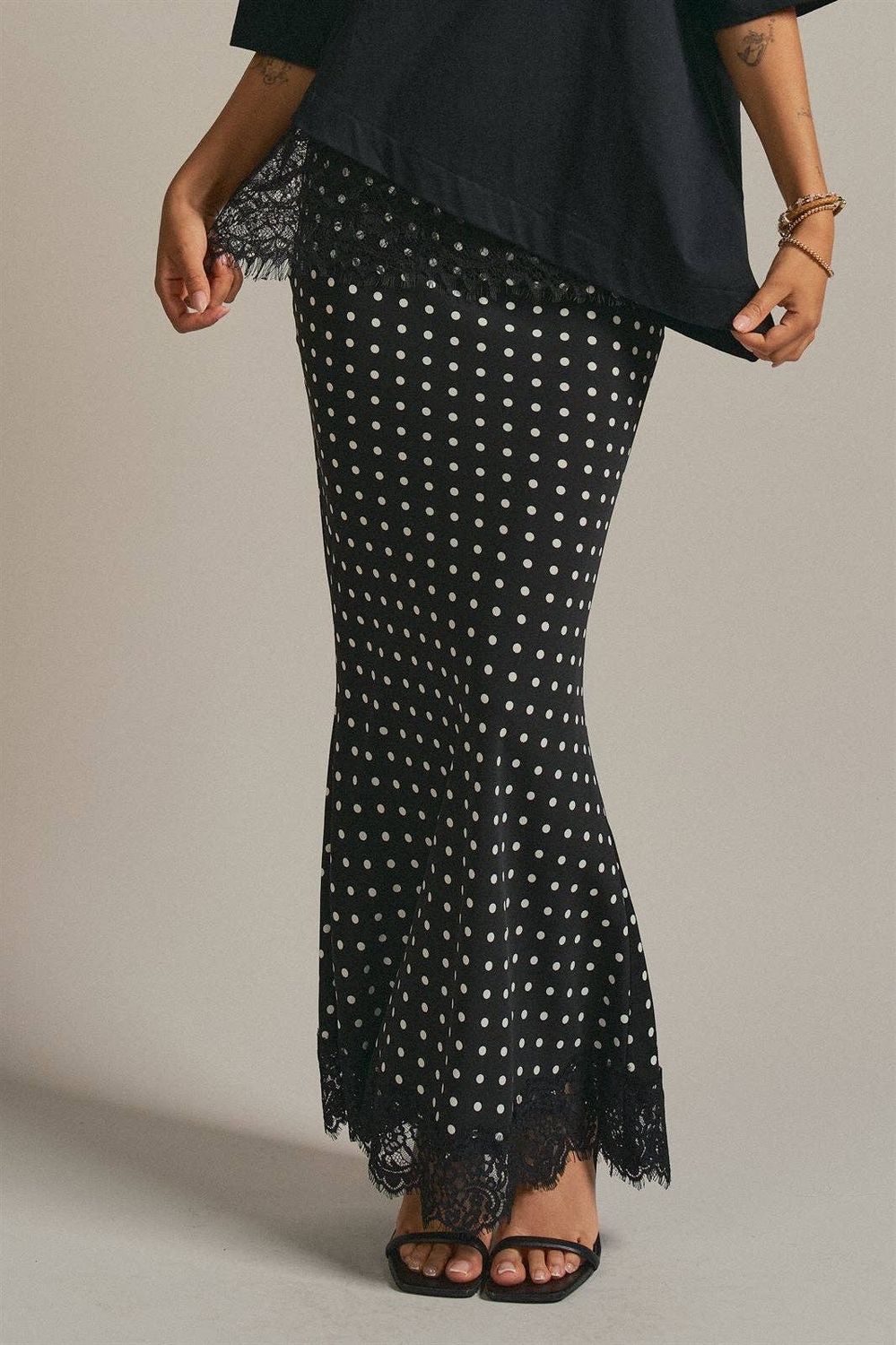 Viv Polka Dot Maxi Skirt w Lace, Color: Black, Size: S