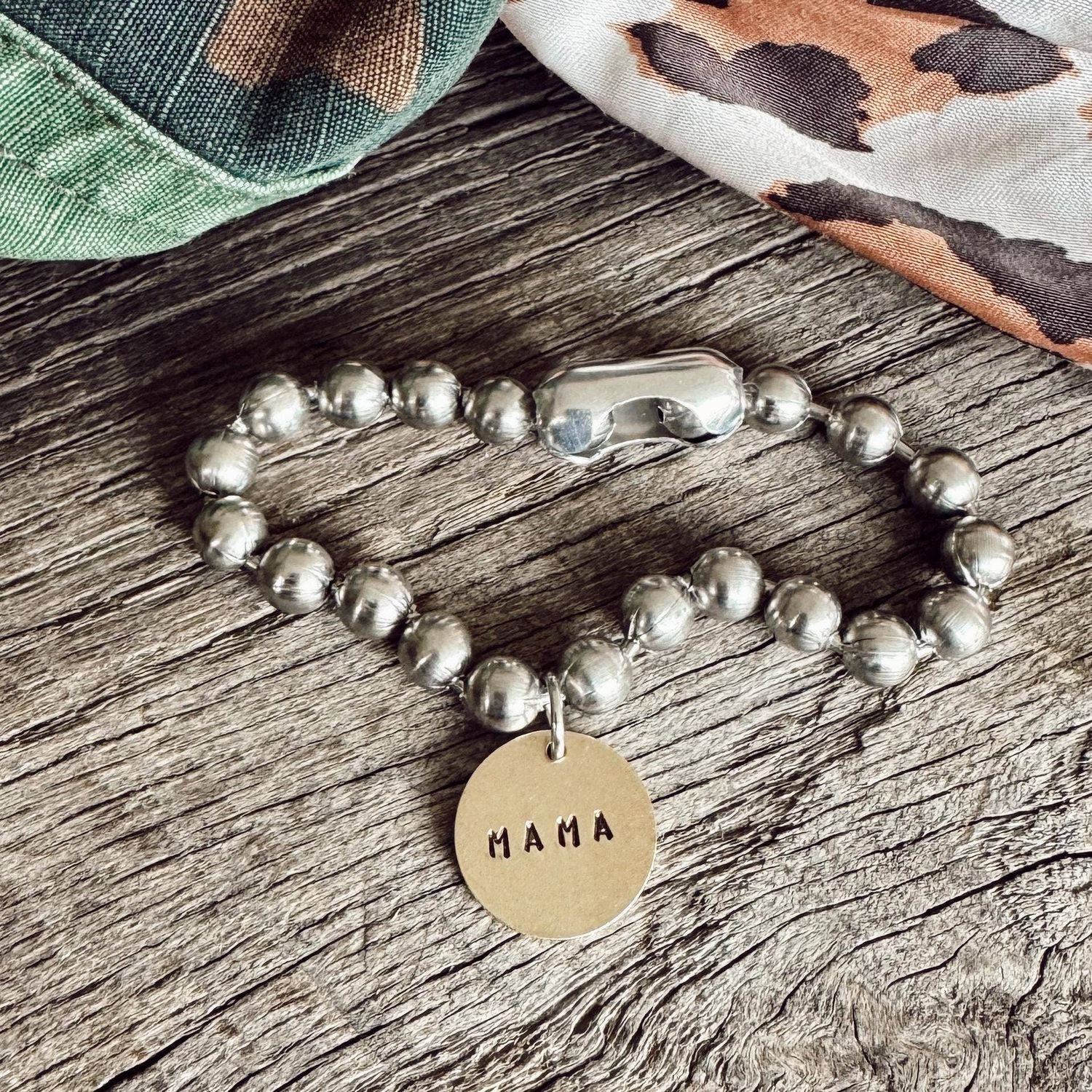 Stainless Steel &amp; Brass Coin Tag Bracelet - Mama, Bracelet length: 8, Word Choice: Mama