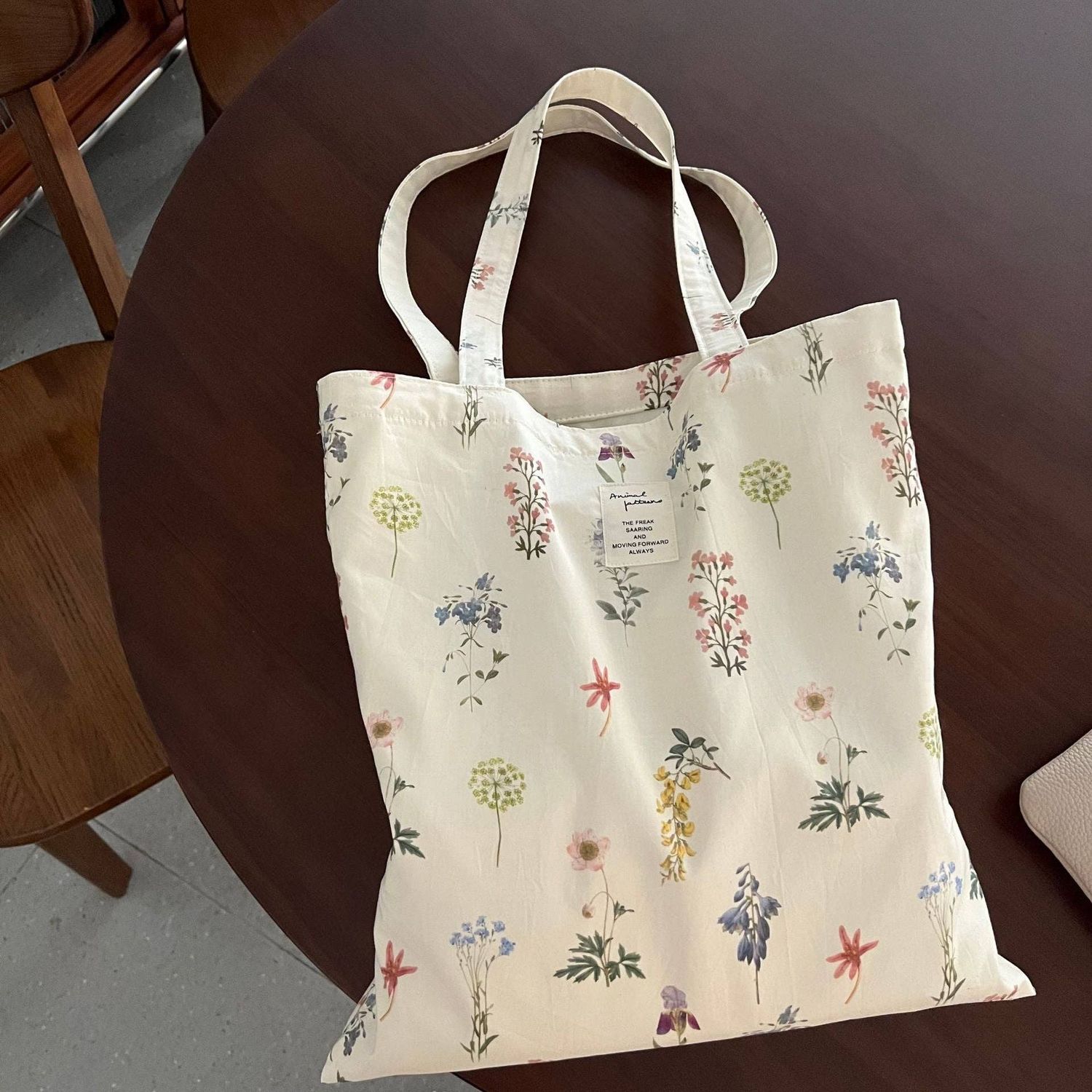 Floral Botanical Print Cotton Tote Bag, Color: Beige