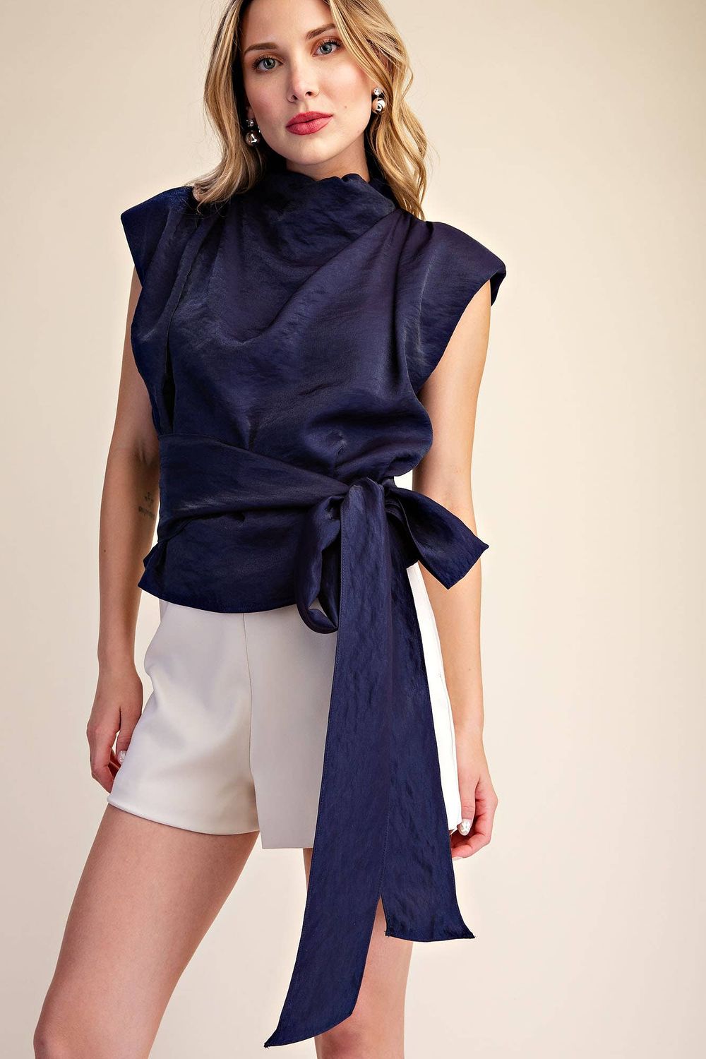S-Gia Mock Neck Waist Tie Sleeveless Top