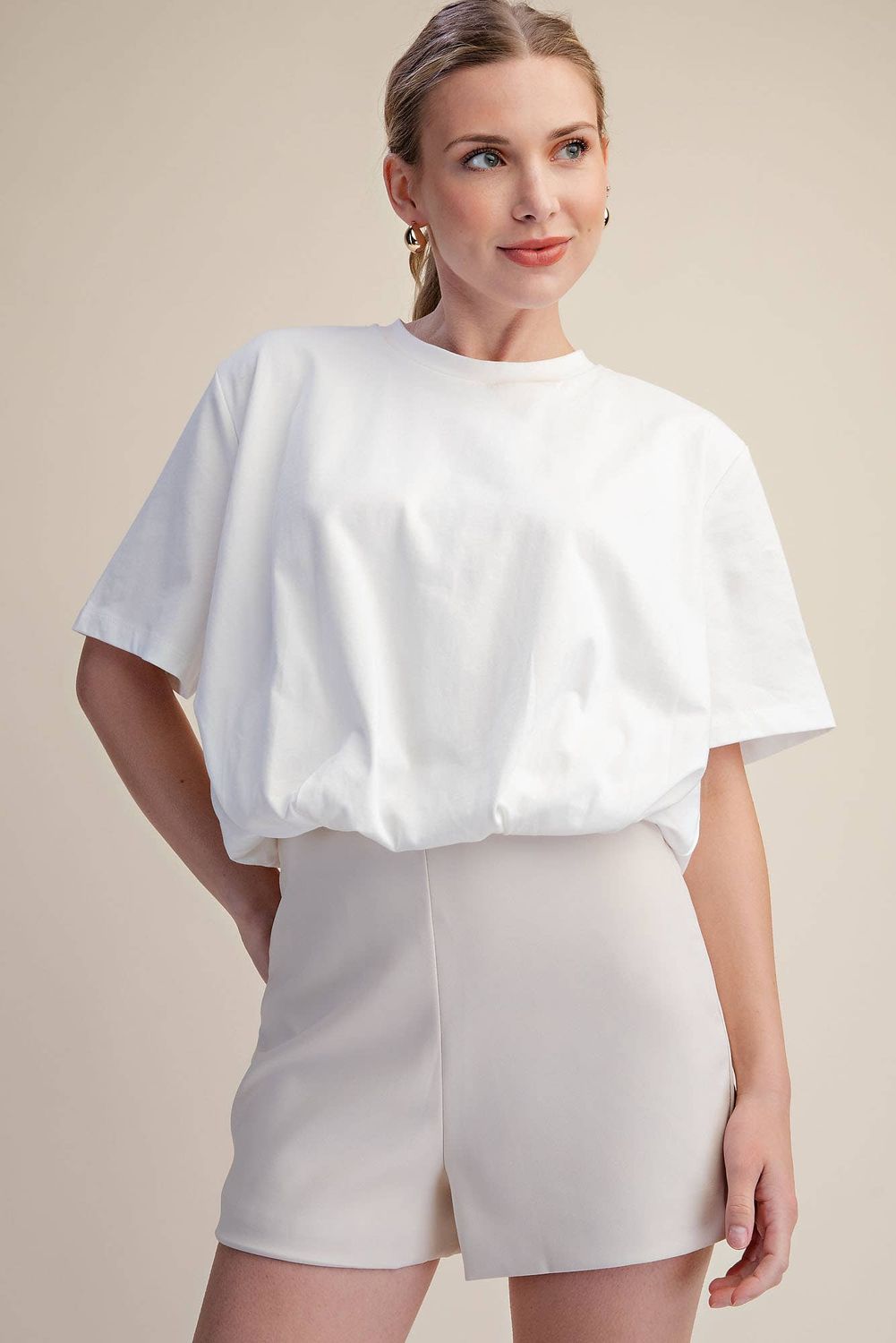 Cropped Bubble Hem T-Shirt, Color: White, Size: L