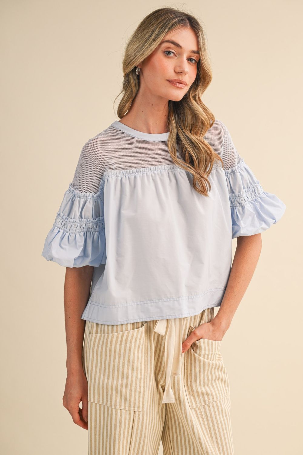 Robbie Sheer Mesh Yoke Bubble Sleeve Top, Size: S