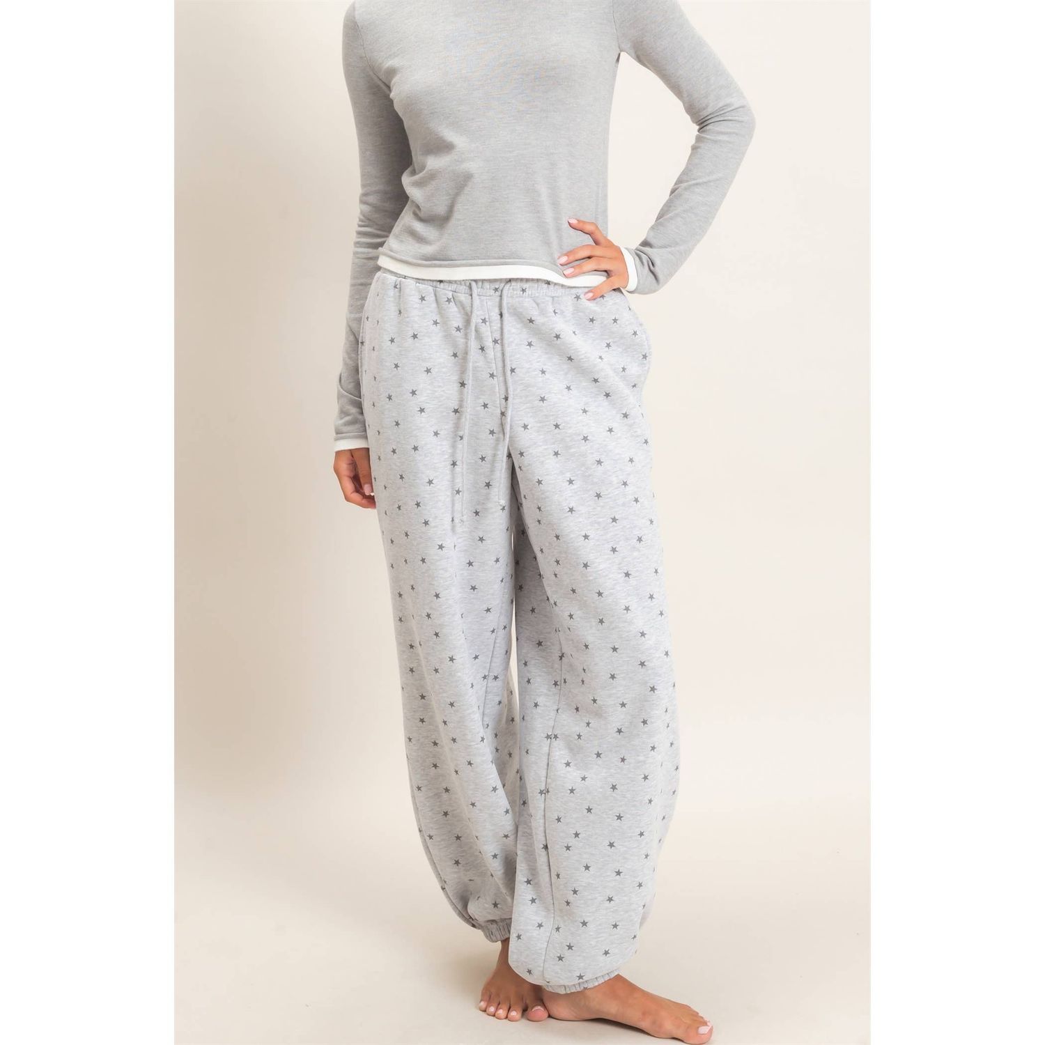 Star Print Elastic Waist Jogger Pants, Color: HEATHER GRAY, Size: S