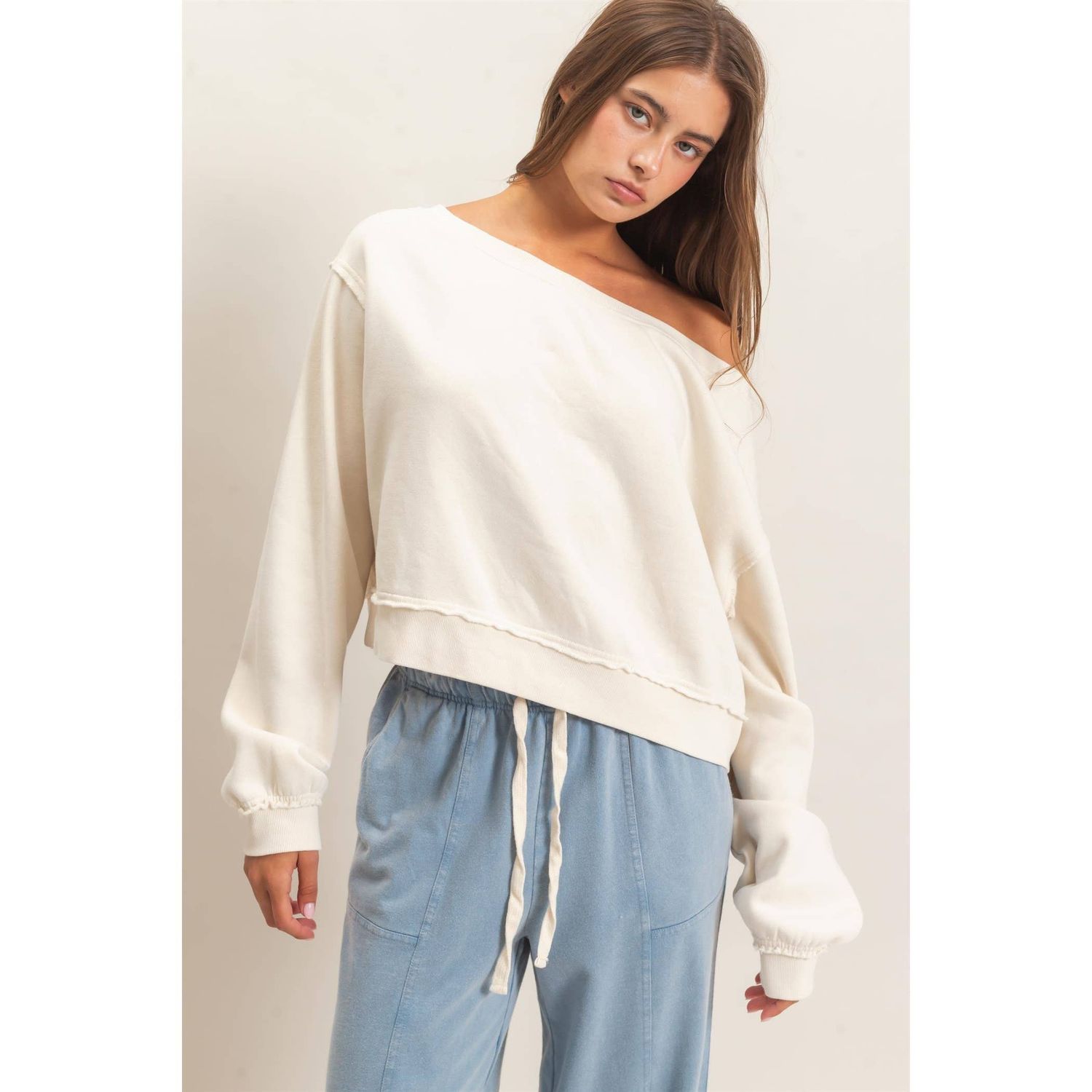 Sonny Raw Edge Off The Shoulder Sweatshirt, Color: ALPACA, Size: S