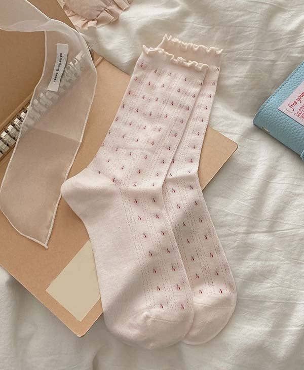 Casual Ruffle Flower Crew Cotton Socks, Color: Light Pink