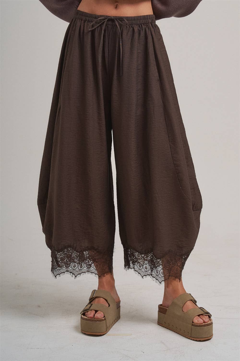 Duvall Flowy Wide Leg Pants w Lace, Color: VINTAGE MOCHA, Size: S