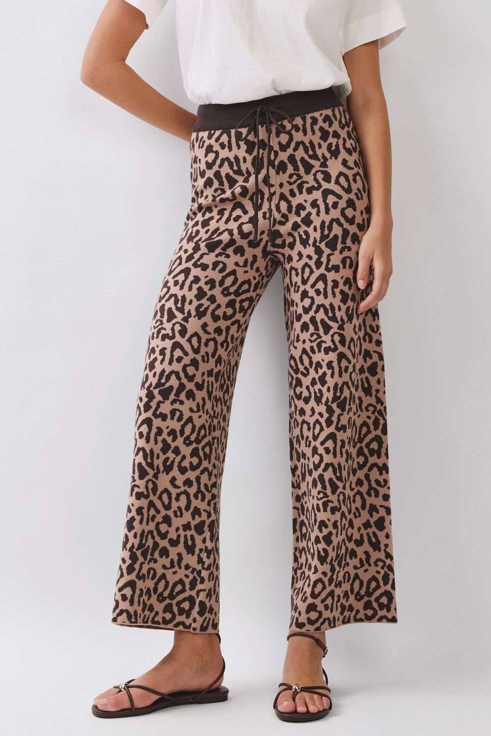 Gina Leopard Wide Knit Pants, Color: LEOPARD/BROWN, Size: M