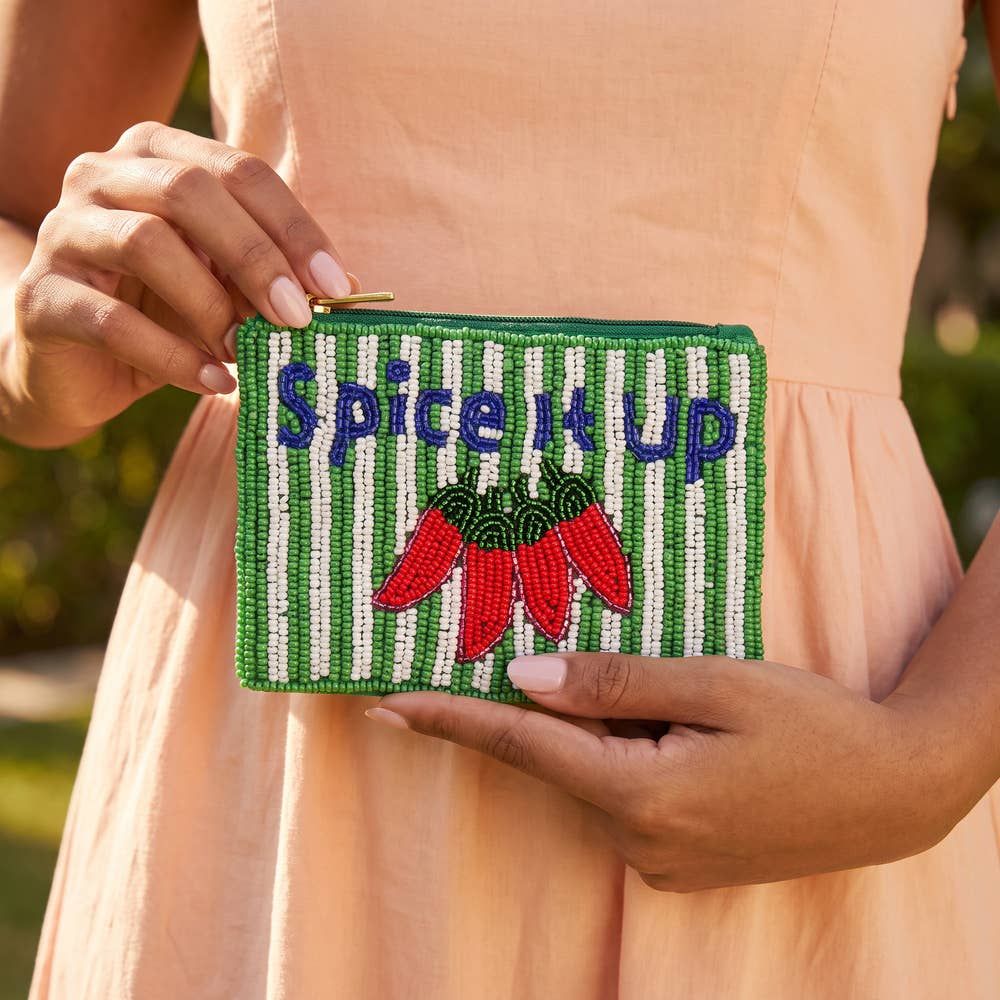 Spice It Up Chili Pepper Beaded Coin Pouch, Color: GREEN