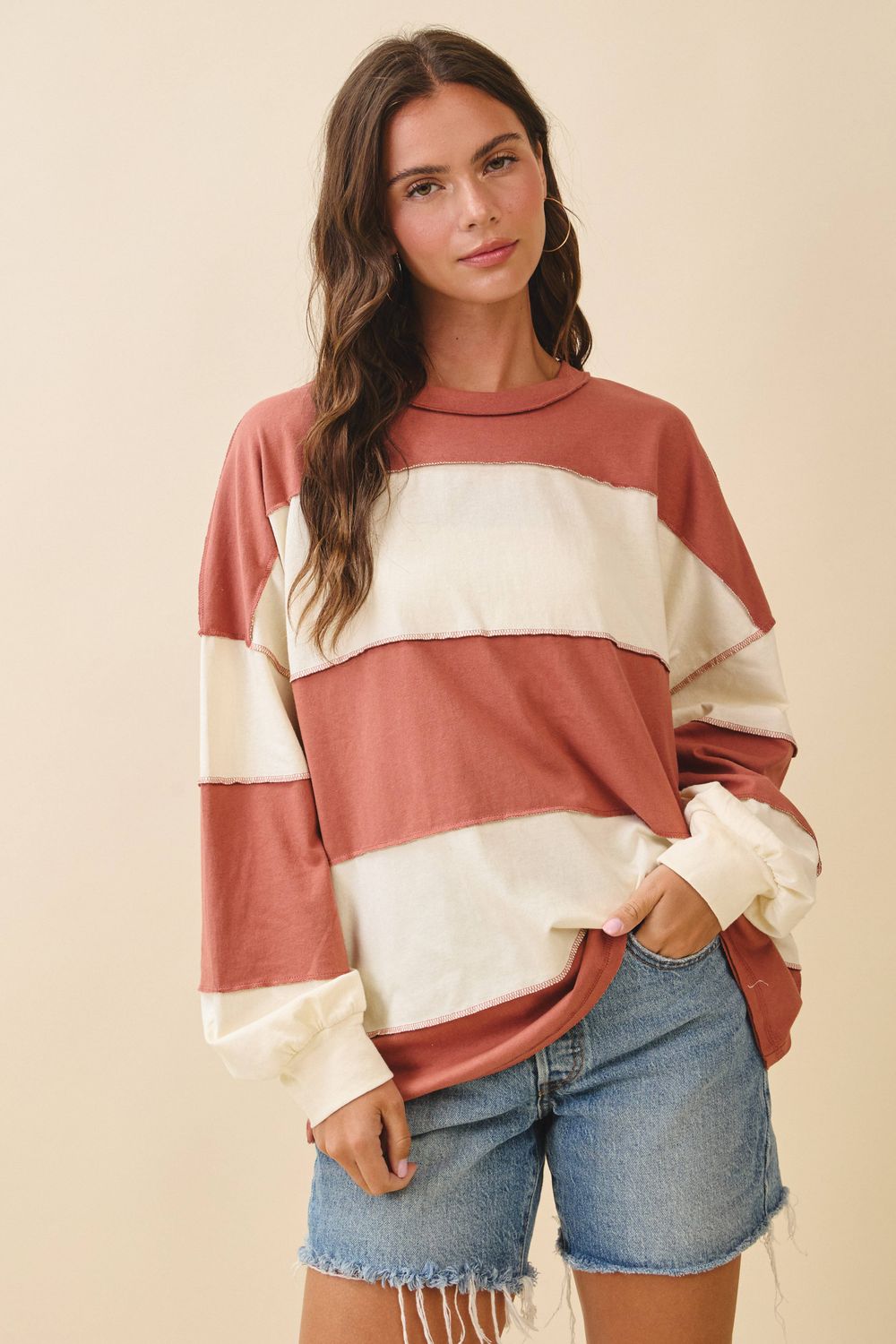 Oversized Color Block Long Sleeve Pullover, Color: Terracotta Butter, Size: L