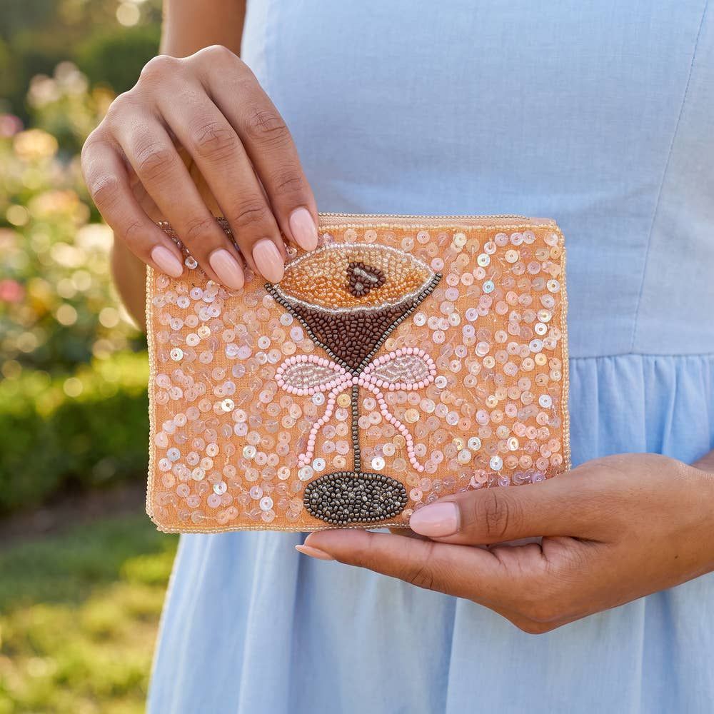 Espresso Martini Sequin Beaded Coin Pouch, Color: PEACH