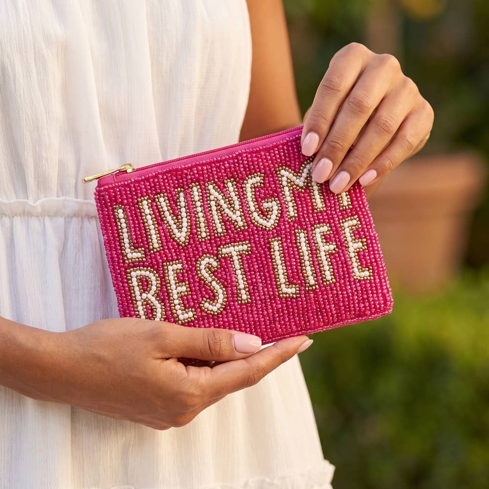 Living My Best Life Beaded Coin Pouch, Color: FUCHSIA