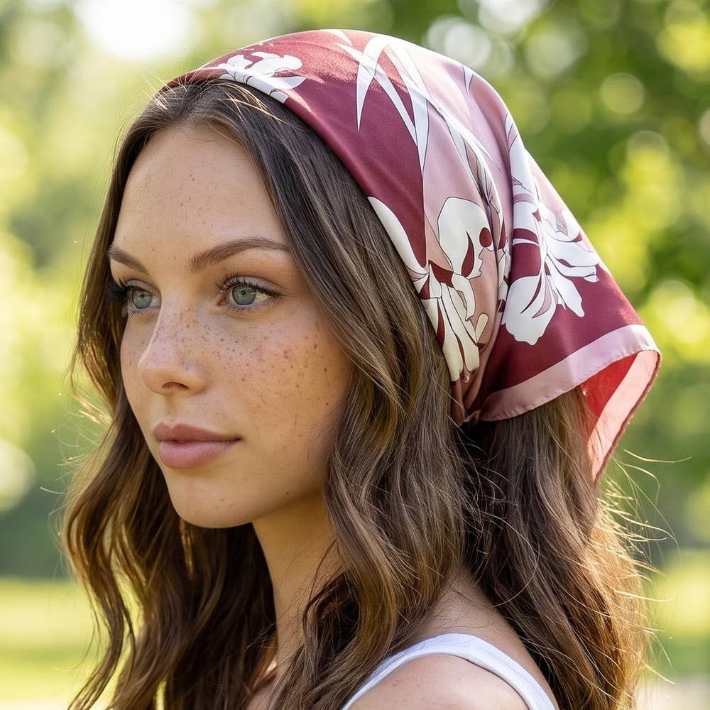 Graphic Iris Line Art Square Scarf, Color: Burgundy