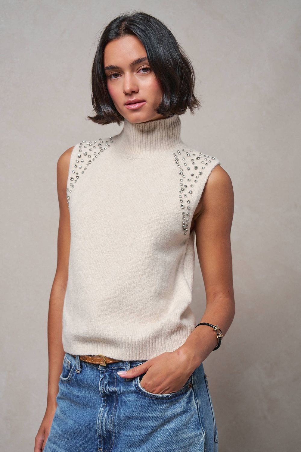 Crystal Embellished Sleeveless Mock Neck Top, Color: Oatmeal, Size: S