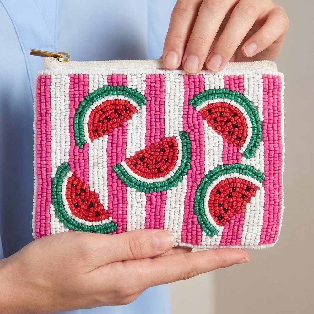 Seed Beaded Striped Watermelon Fruit Coin Purse, Color: MULTI