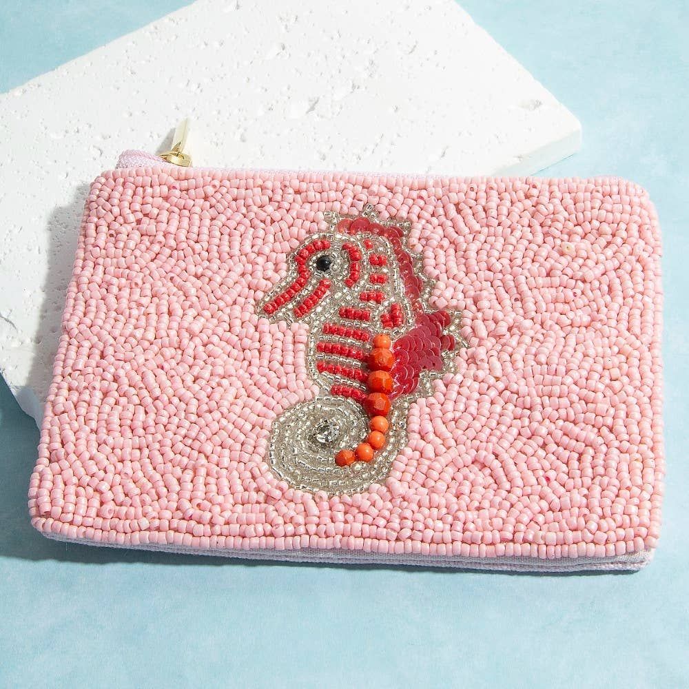 Seed Beaded Sea Life Sea Horse Coin Purse, Color: MULTI